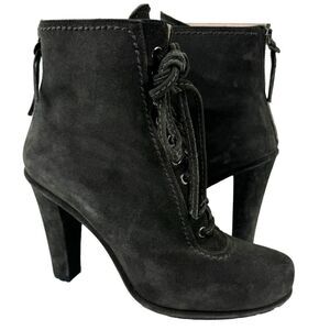 Miu Miu Booties Lace Up Suede Leather Ankle Boots Block High Heel Round Toe 39